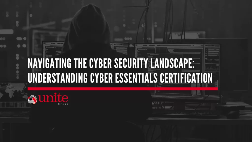 a hooded figure looking at code on mutliple omputers with the text on top navigating the cyber security landscape: understanding cyber essentials certification
