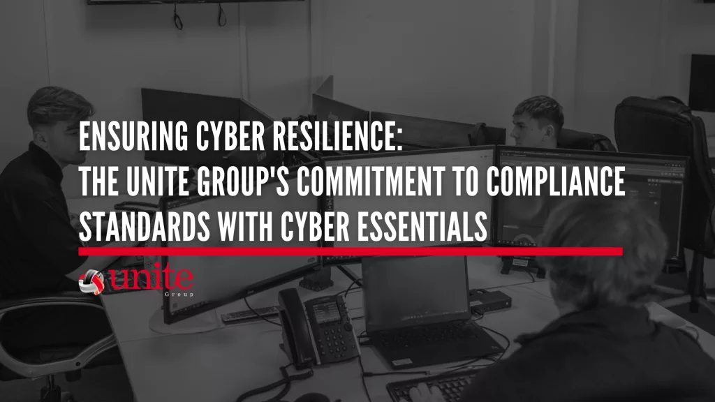 image of 3 of the unite groups helpdesk egineers sat working at computers. text on top reads: Ensuring Cyber Resilience: The Unite Group's Commitment to Compliance Standards with Cyber Essentials