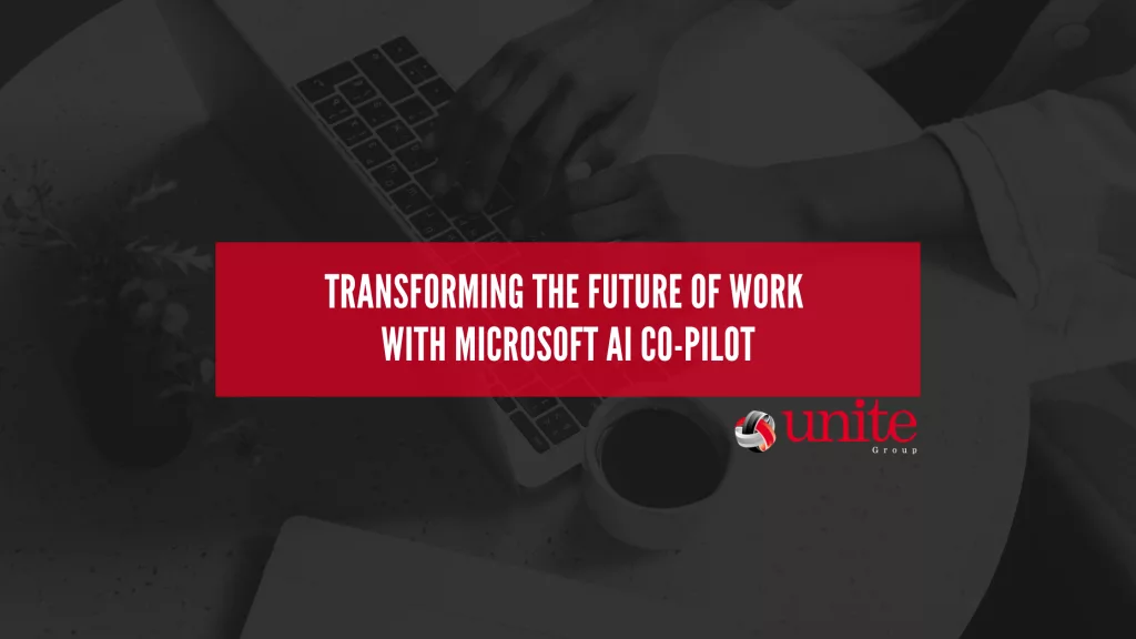 image shows someone on laptop. text reads: Transforming the Future of Work with Microsoft AI Co-Pilot