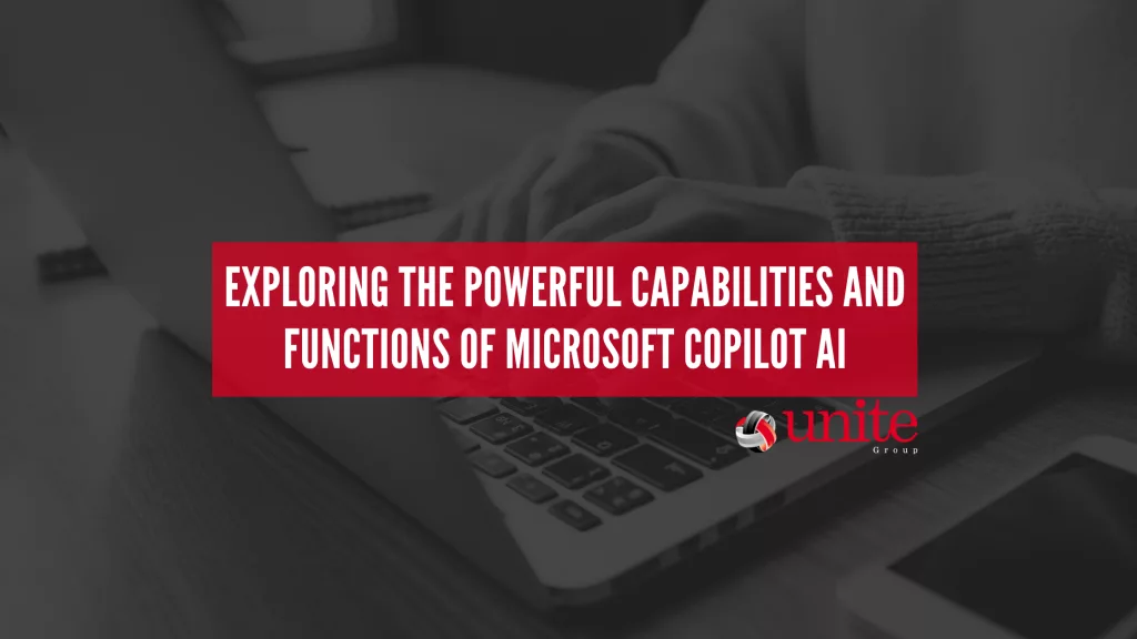 shows someone on laptop. text reads: Exploring the Powerful Capabilities and Functions of Microsoft CoPilot AI